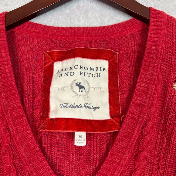 VTG Abercrombie & Fitch Red Y2K V Neck Cable Knit Sweater Size Medium - Picture 8 of 9